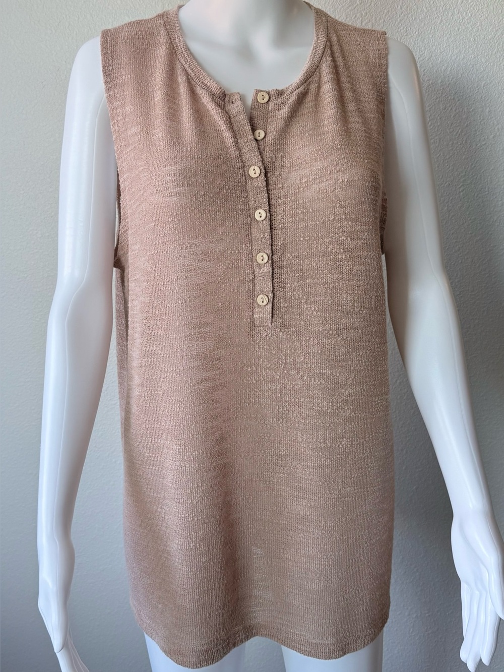 Sleeveless Lightweight Cotton Knit Henley Top in Blush
